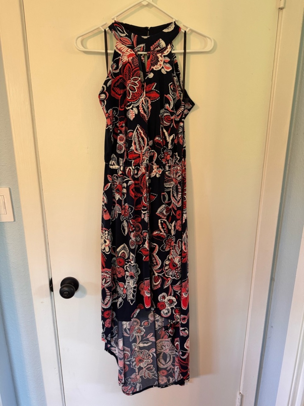 En Focus Studio Floral Halter Maxi Dress in Navy and Red-Orange
